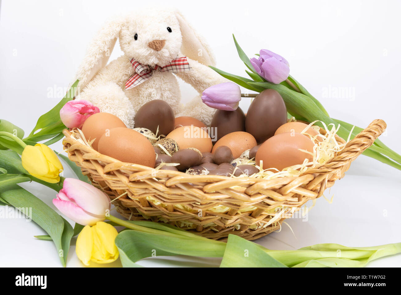 La llegada de la primavera y la Pascua - tulipanes y huevos de chocolate acompaña a Conejo de Pascua Foto de stock