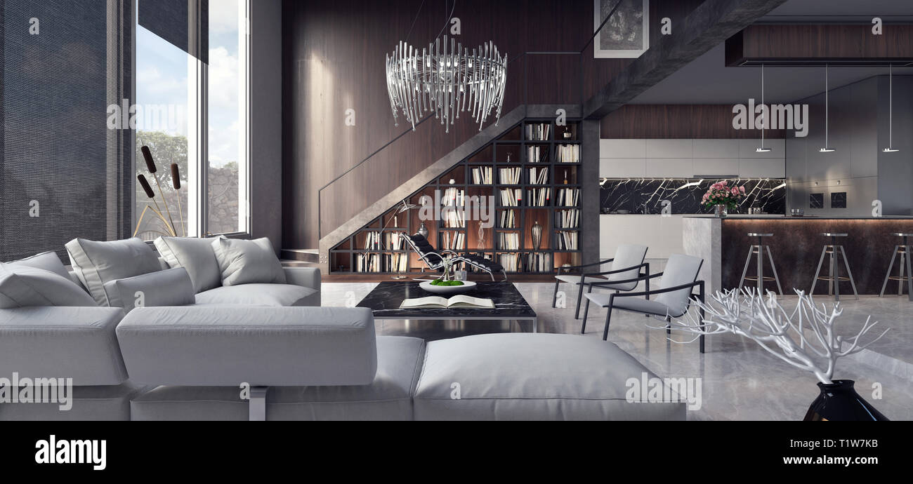 Diseño de interiores moderno apartamento con sala de estar y cocina 3D Rendering Foto de stock