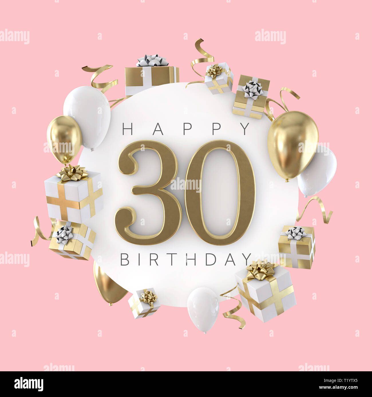 Feliz cumpleaños 30 composición con globos y regalos. 3D Render