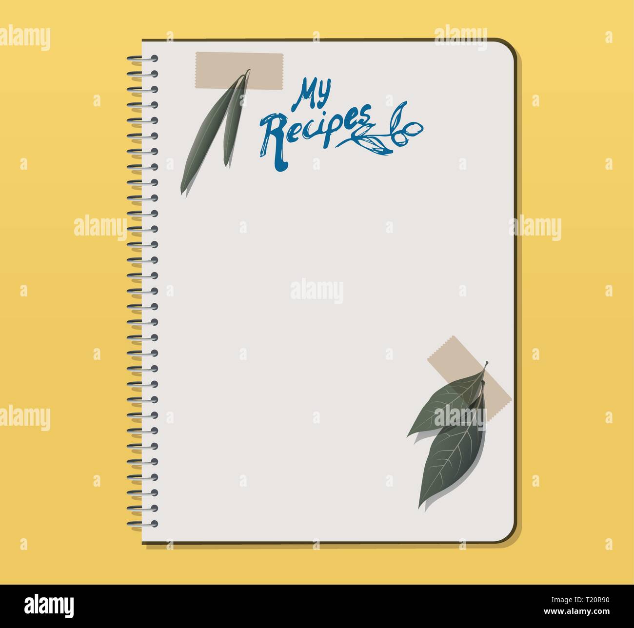 Receta portátil con texto dibujados a mano. Las hojas de olivo y laurel