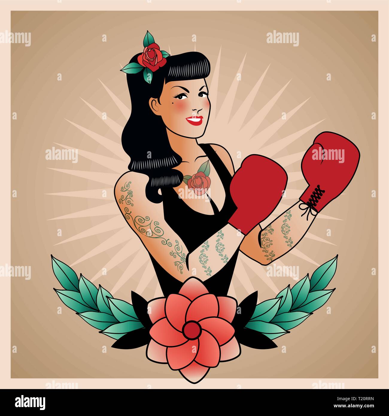 Emblema del boxeo pinup girl, con flores, tatuajes y guantes de boxeo. Estilo retro. Estilo de tatuaje Imagen Vector de stock - Alamy