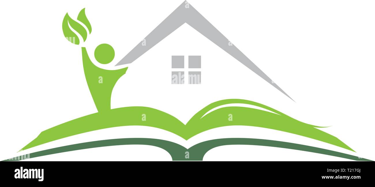 Open Book, persona abstracta y hojas verdes, icono del logotipo abstracto Ilustración del Vector