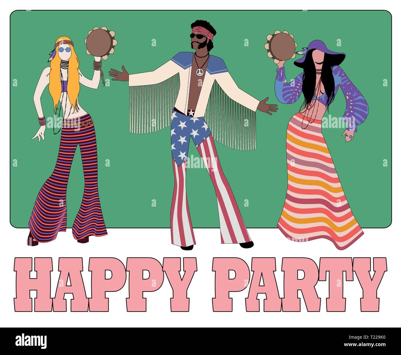 Grupo de los tres, dos niñas niño jugando panderetas vistiendo ropa hippie de los 60s y 70s Vector de stock - Alamy