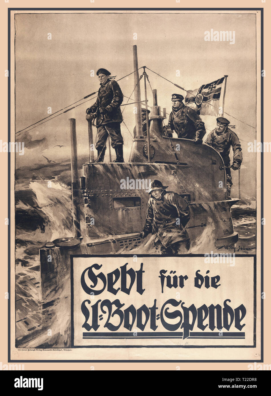Vintage WW1 alemán póster para appeall para donaciones de dinero de los fondos submarinos para 1917 por el pintor marino alemán Willy Stöwer. La propaganda de guerra de la Marina de submarinos U-Boat de Primera Guerra Mundial, Alemania DAR AL submarino donación El conning tower surgió de un U-Boat, con cinco tripulantes a bordo. Un ensign naval alemana vuela desde la torre. "Gebt für die U-Boot' Spende Bak und Garleb G. m. b. H., Berlín [dar a la U-Boat colección.] Foto de stock