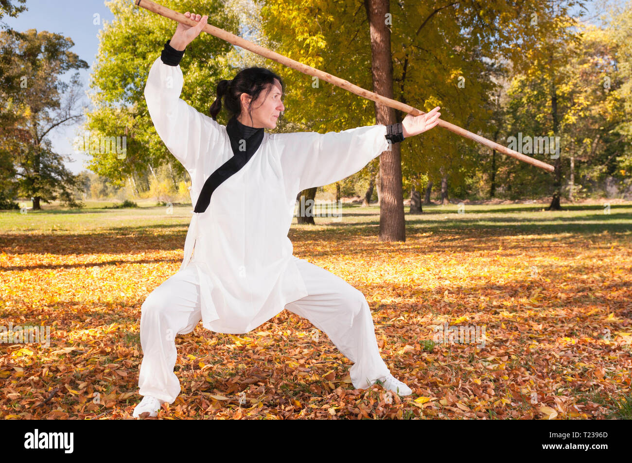 Mujer practicando Kung Fu con bastón Fotografía de stock - Alamy