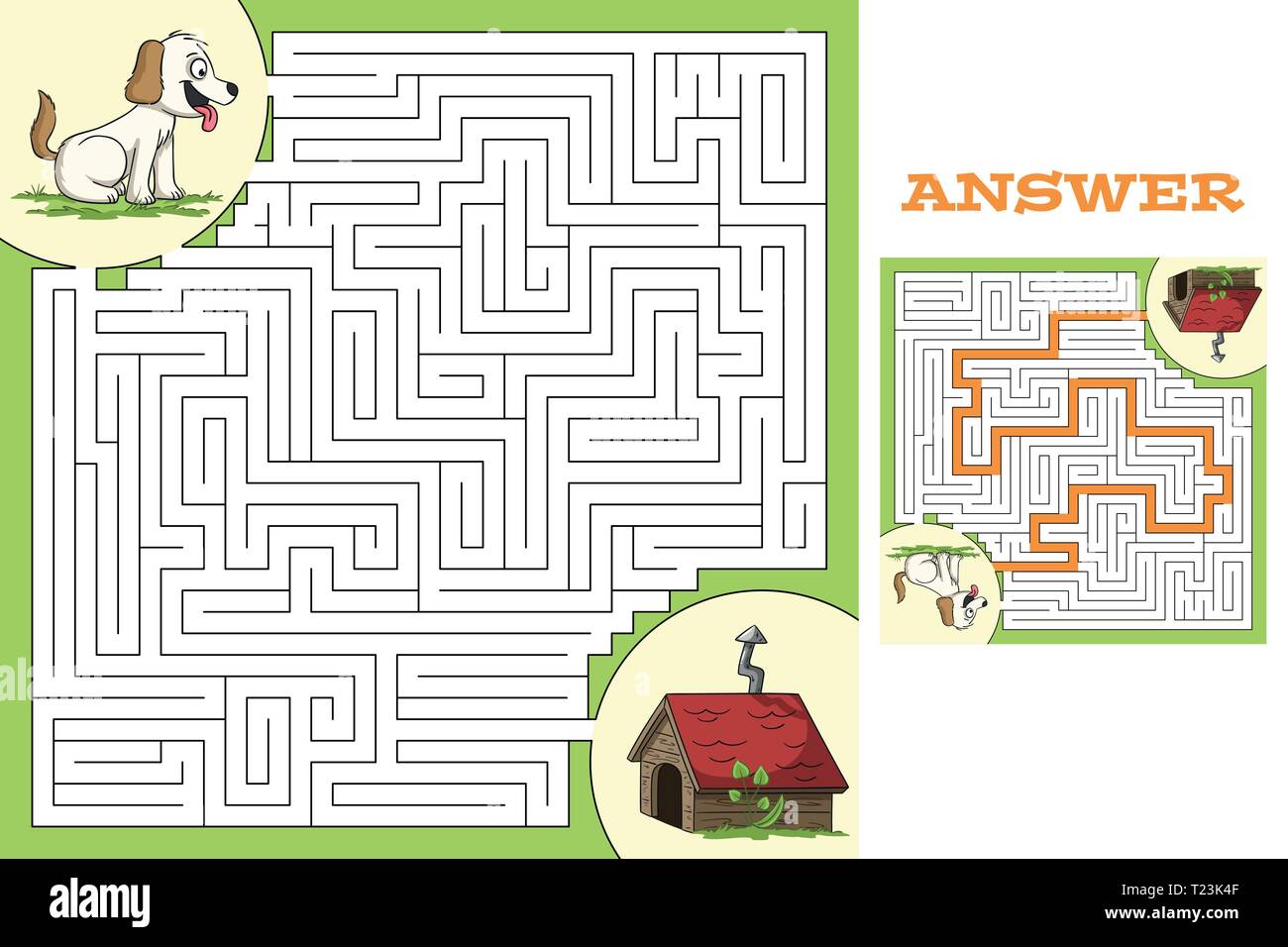 Juego puzzle de dibujos animados con la solución. Ilustración vectorial con capas separadas. Ilustración del Vector