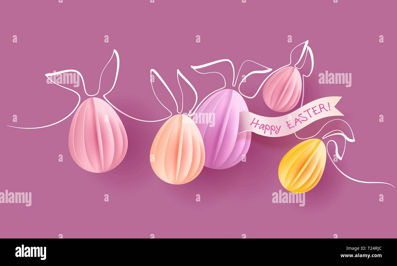 Tarjeta de Pascua feliz. Papel de Pascua huevos con orejas de conejo sobre fondo de color rosa. Diseño de papel ilustración vectorial. El estilo de una línea continua. Ilustración del Vector