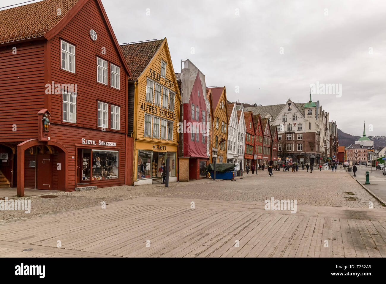 Los edificios históricos de Bryggen, la parte antigua de la ciudad de Bergen, en Noruega. Foto de stock