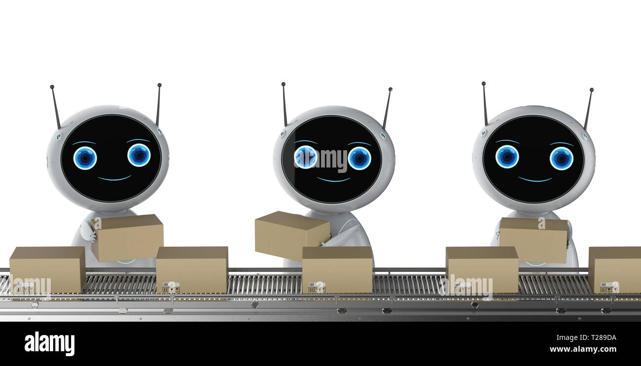 Representación 3D de la línea de montaje del robot con cuadros sobre la  cinta transportadora en la fábrica Fotografía de stock - Alamy