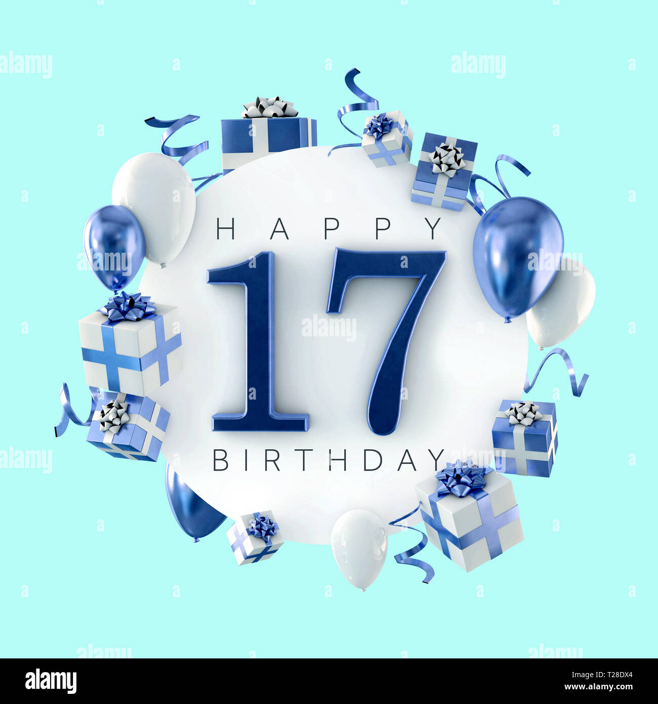 mucho Carteles becerro Feliz cumpleaños 17 composición con globos y regalos. 3D Render Fotografía  de stock - Alamy