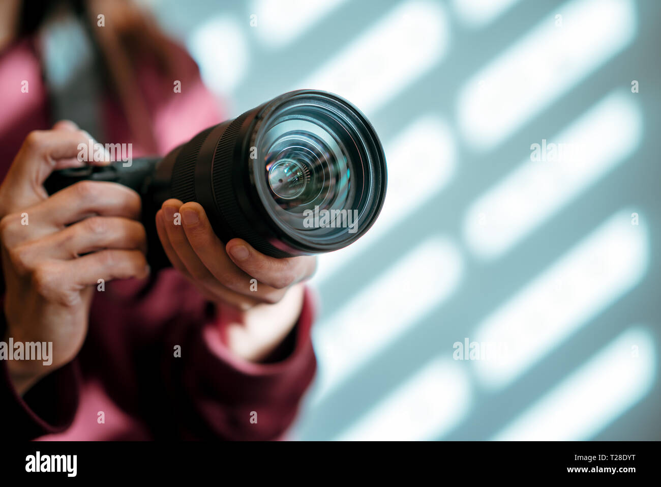 Chica manos sosteniendo la cámara fotográfica en Shady fondo blanco, espacio de copia Foto de stock