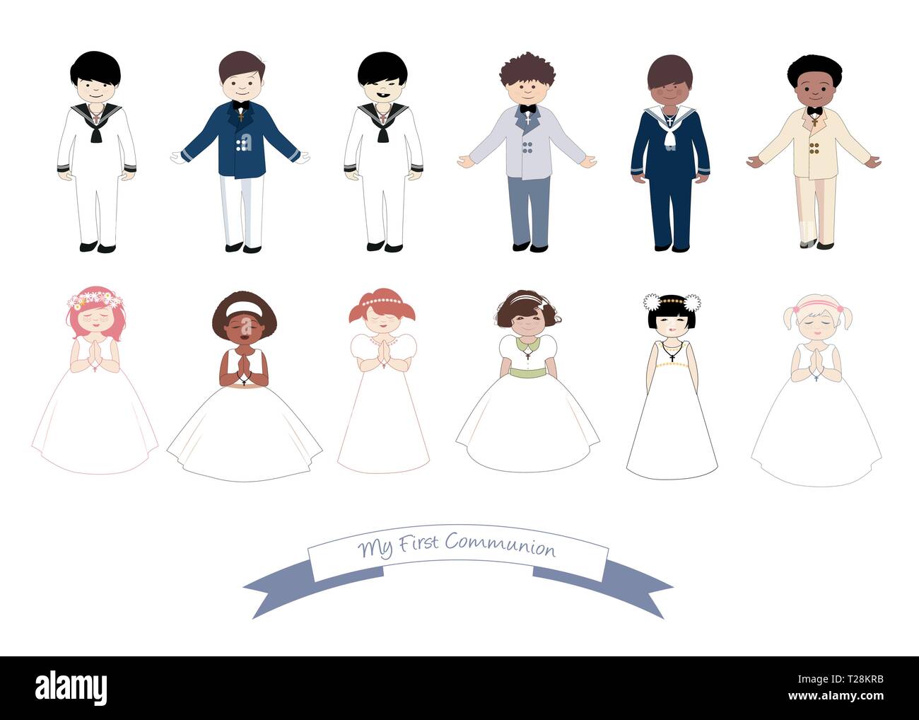 Colección de seis niños y seis niñas vestidos de primera Comunión ropa  Imagen Vector de stock - Alamy