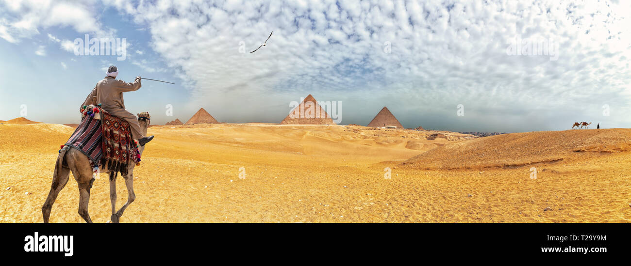 Panorama de las pirámides de Giza y un beduino vistiendo una jellabiya sobre un camello, Egipto Foto de stock