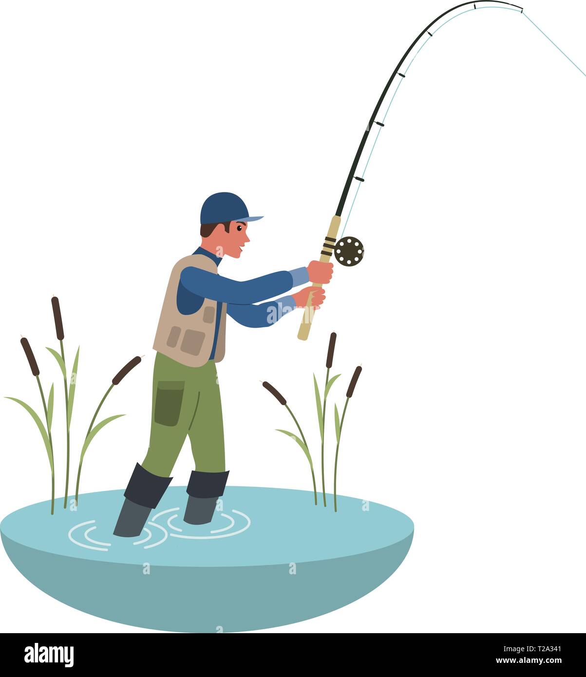 Pescador sujetando la barra de pesca. Colorido estilo planas Cartoon  ilustración. EPS10 Imagen Vector de stock - Alamy