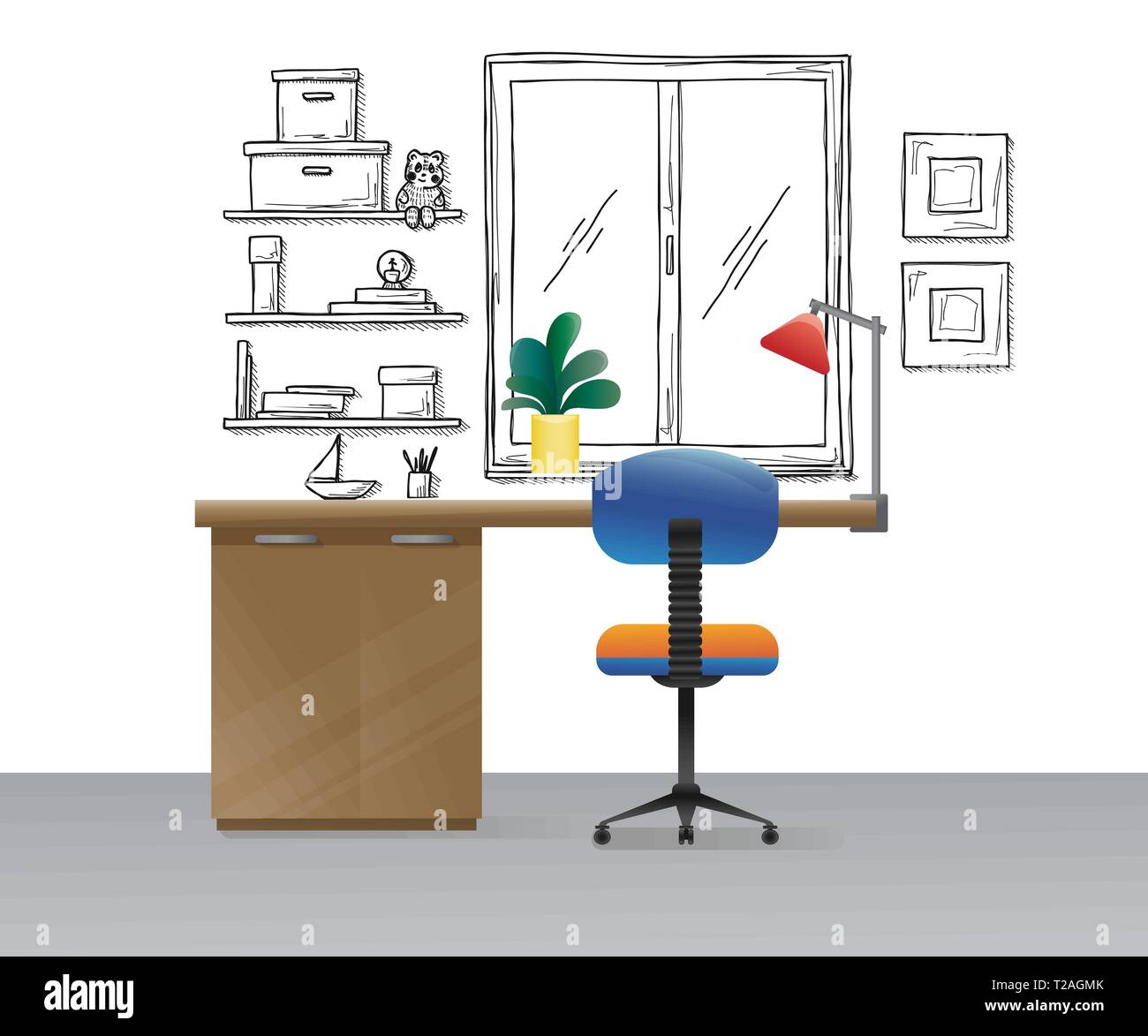 Silla de oficina, escritorio, diversos objetos en la mesa. En el área de  estilo plano. Ilustración vectorial Imagen Vector de stock - Alamy