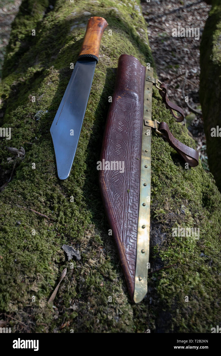 Réplica cuchillo sajón romo seax y vaina en rama de árbol con musgo  Fotografía de stock - Alamy