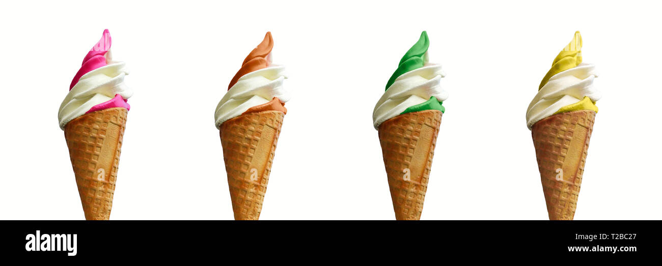 Colección de cuatro servir helados blandos aislado en blanco fondo panorámico Foto de stock