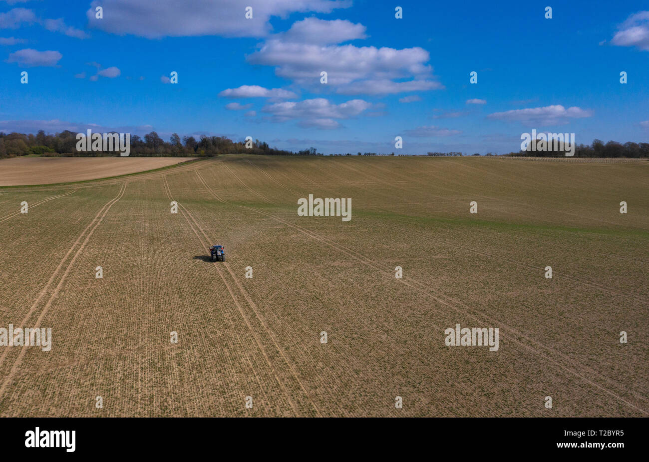 Propagación del tractor en campo fertilizantes desde arriba con Drone ,Inglaterra,Reino Unido Foto de stock