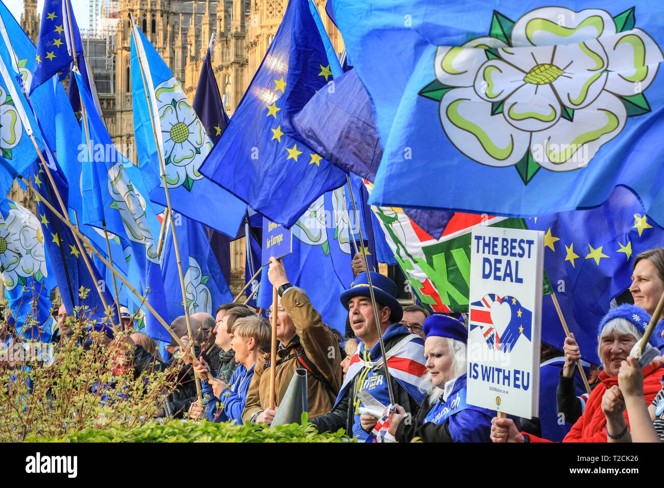 Westminster, Londres, Reino Unido, 1 de abril de 2019. Anti-Brexit manifestantes, entre ellos un grupo de Yorkshire con banderas azules que incorpora el Yorkshire Rose, congregarse y cantar fuera de las casas del parlamento y cerca de la zona de medios de comunicación en College Green en Westminster, en la víspera de la votación sobre Brexit. Crédito: Imageplotter/Alamy Live News Foto de stock