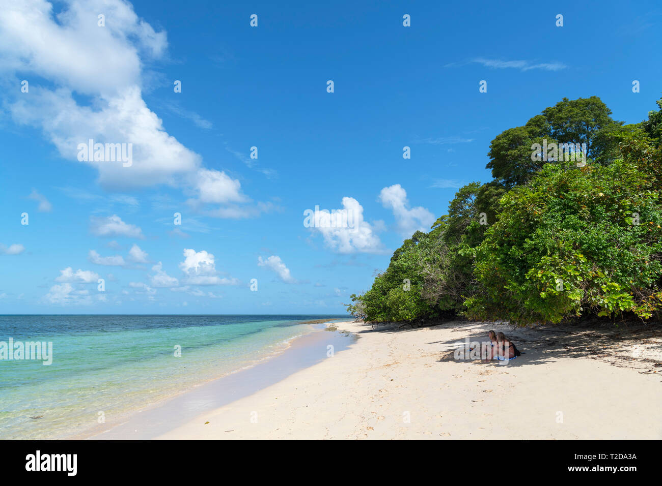 La Gran Barrera de Coral de Australia. Pareja Sentada en la playa en Isla Verde, un coral cay en el Parque Marino de la Gran Barrera de Coral, Queensland, Australia Foto de stock