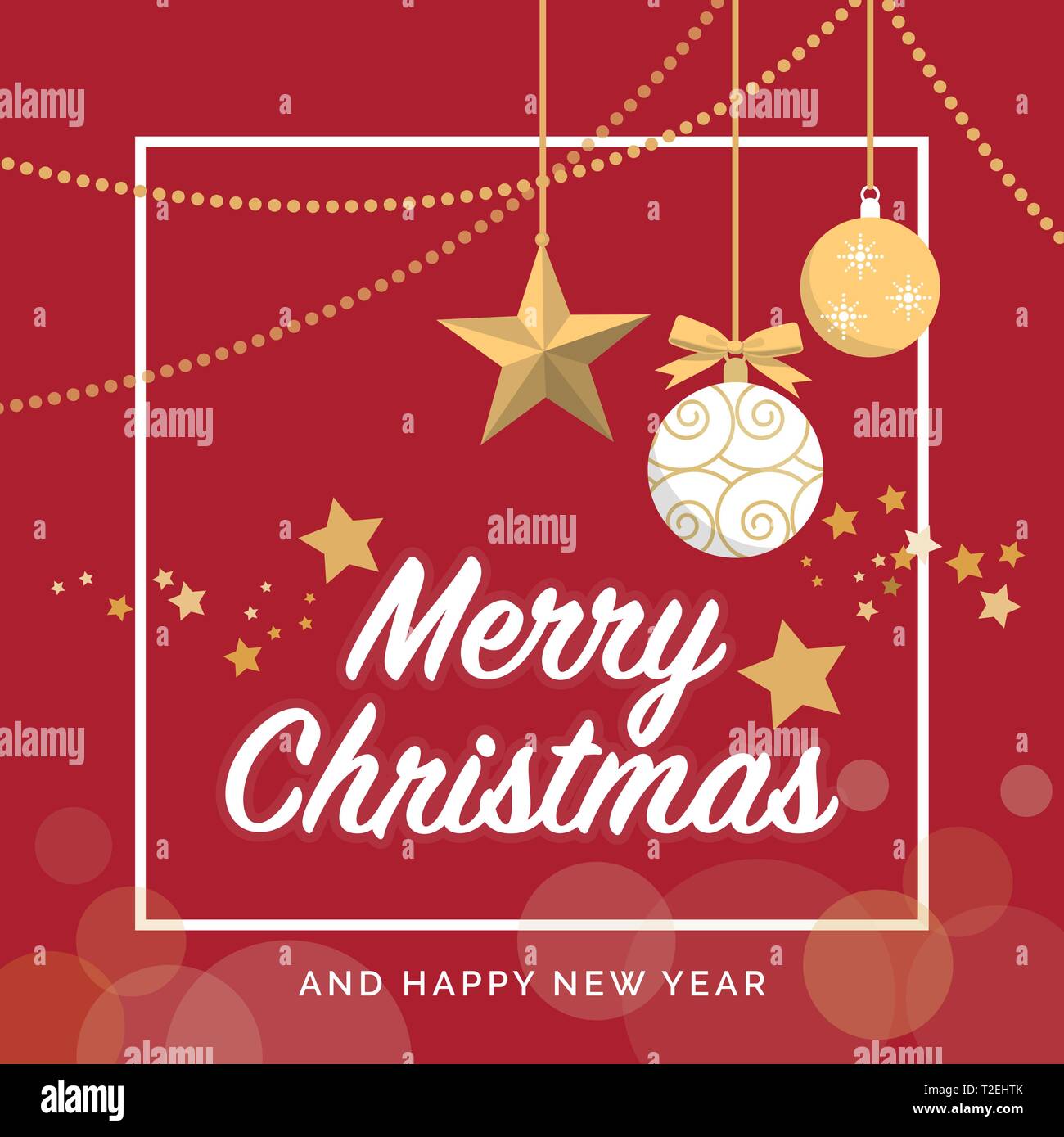 Feliz Navidad y Próspero Año Nuevo diseño y social media post con estrellas  y bolas colgantes Imagen Vector de stock - Alamy