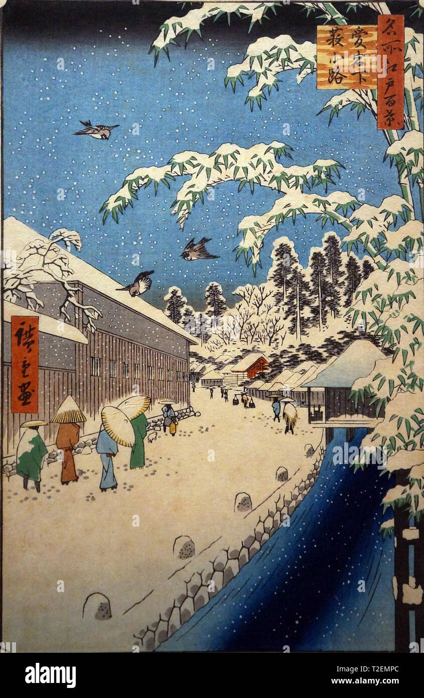 Un centenar de famosos lugares de Edo: Calle Yabukoji al pie de la colina de ATAGO, por Utagawa Hiroshige, xilografía, impresión del período Edo, 1857 Foto de stock