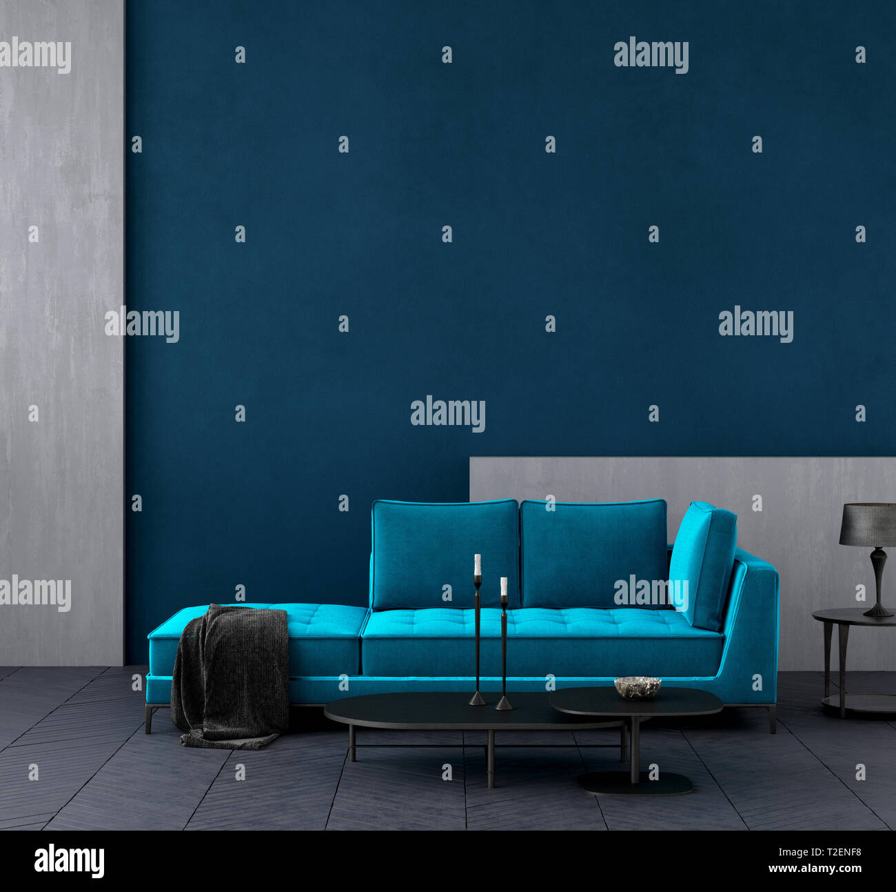 Azul oscuro moderno salón interior con sofá de color azul celeste, pared,  maquetas 3D Render Fotografía de stock - Alamy