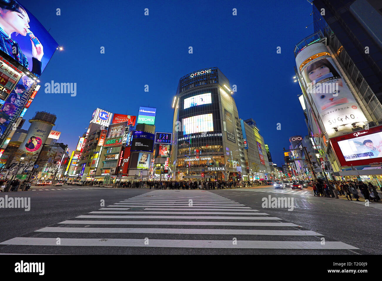 Shibuya en cruce de peatones con luces de noche de Shibuya, Tokio, Japón Foto de stock