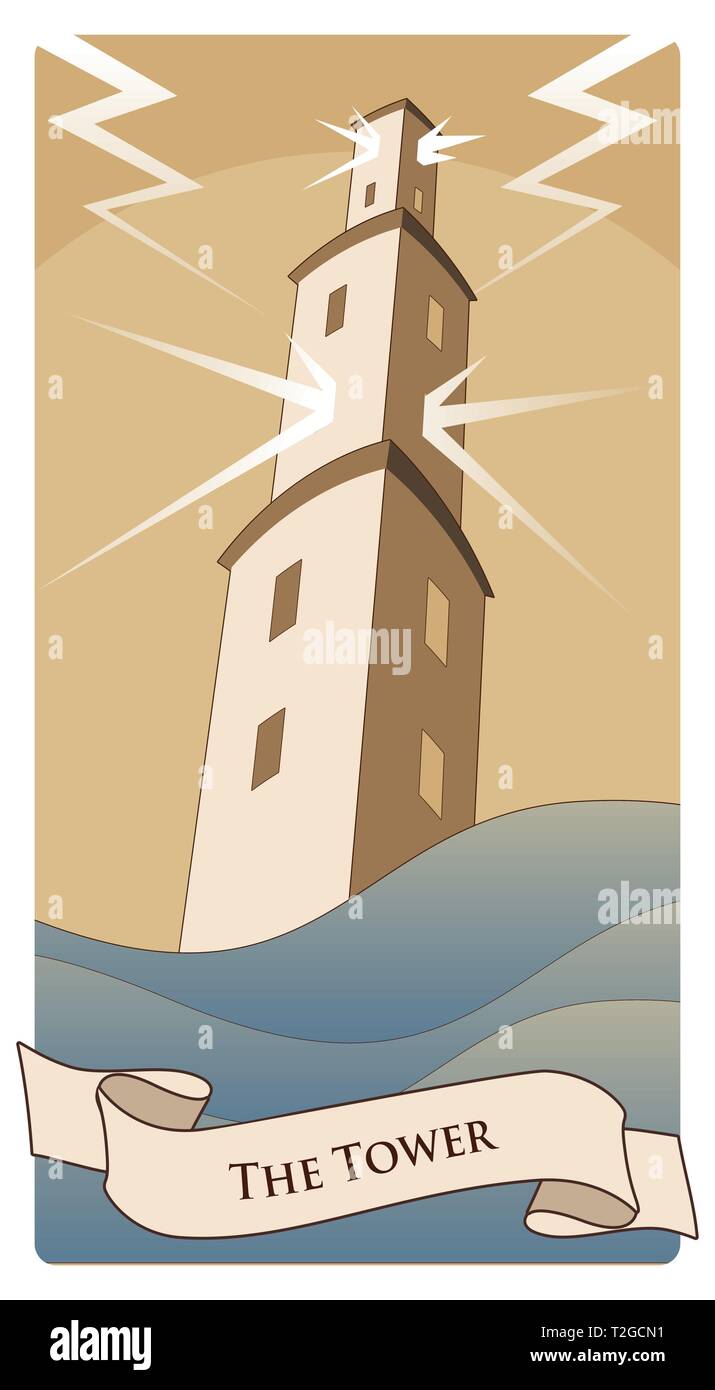 Arcanos Mayores cartas del Tarot. La torre. Gran torre de mar embravecido,  bajo la tormenta y herido por un rayo Imagen Vector de stock - Alamy