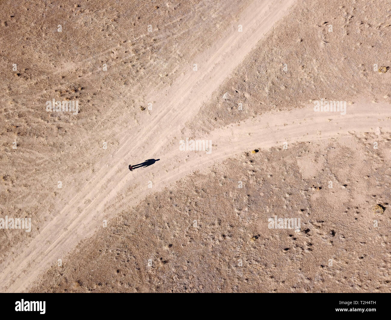 Toma aérea de hombre de pie en una bifurcación en un camino de tierra una sombra Foto de stock