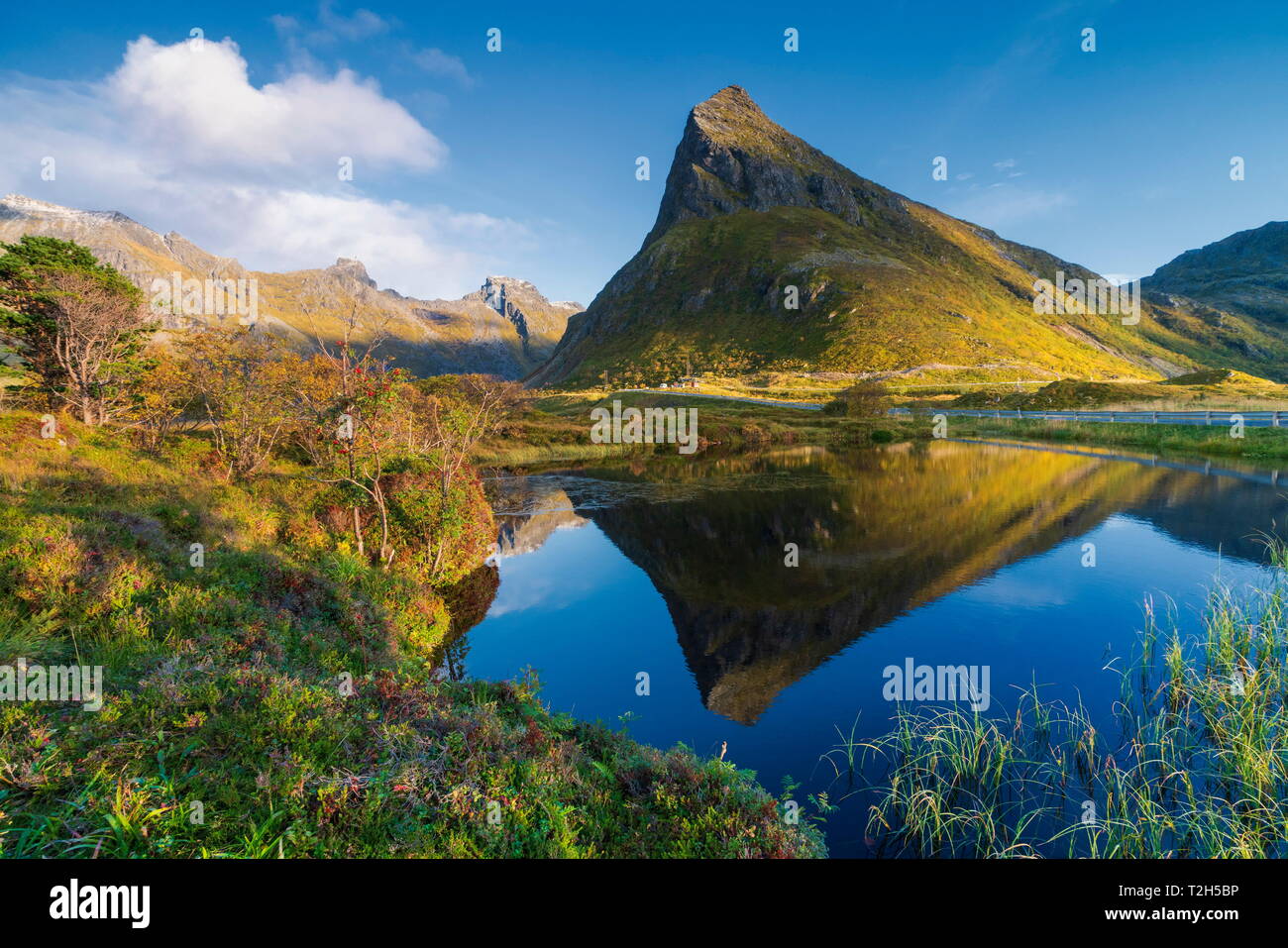 Volanstinden montaña encima de fiordo en Fredvang, Islas Lofoten, Noruega, Europa Foto de stock