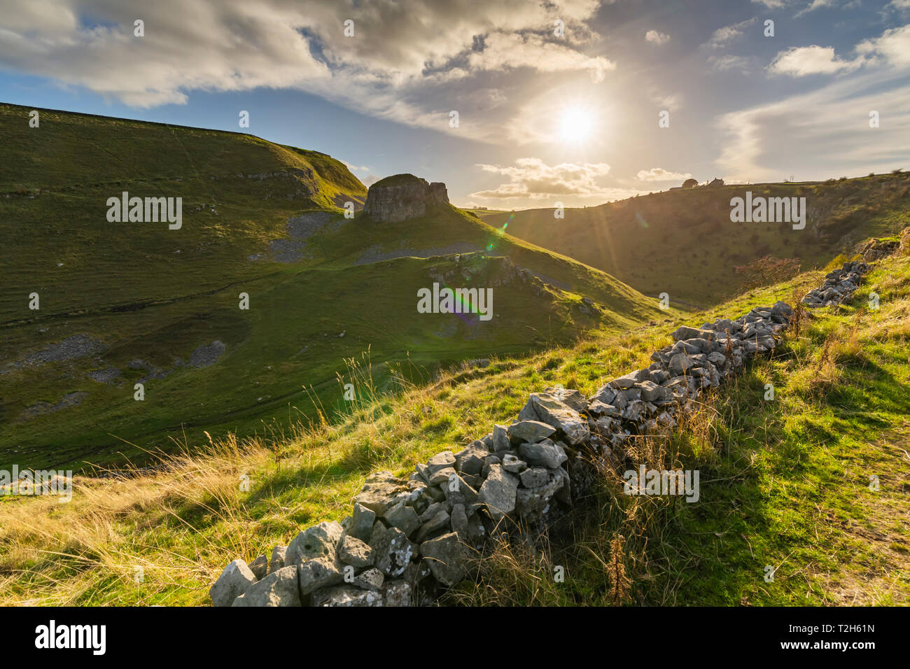 Muro de piedra a través del campo en Peak District National Park, Inglaterra, Europa Foto de stock