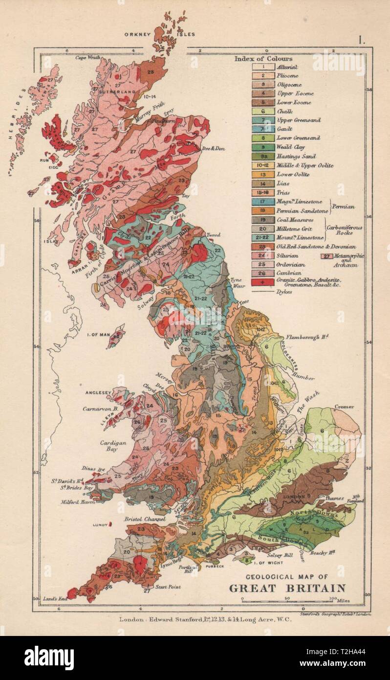 Mapa Geológico del Reino Unido de Gran Bretaña 1913 antigua plan vintage chart Foto de stock