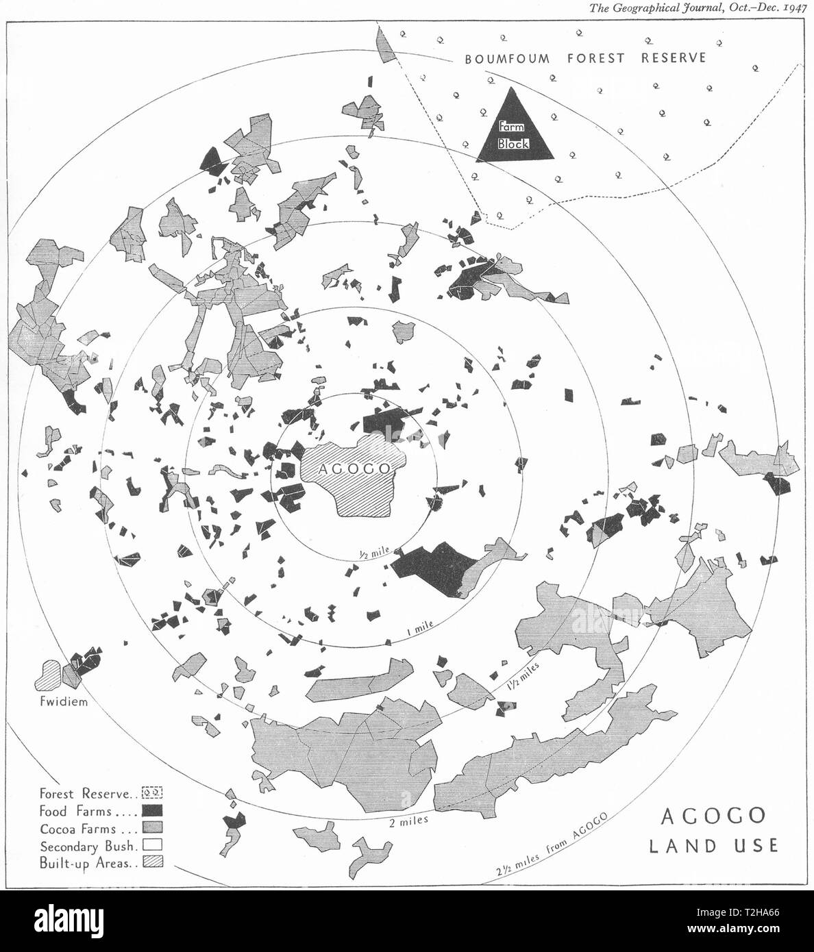 GHANA. El uso de la Tierra Agogo 1947 vintage antiguo plan mapa gráfico Foto de stock