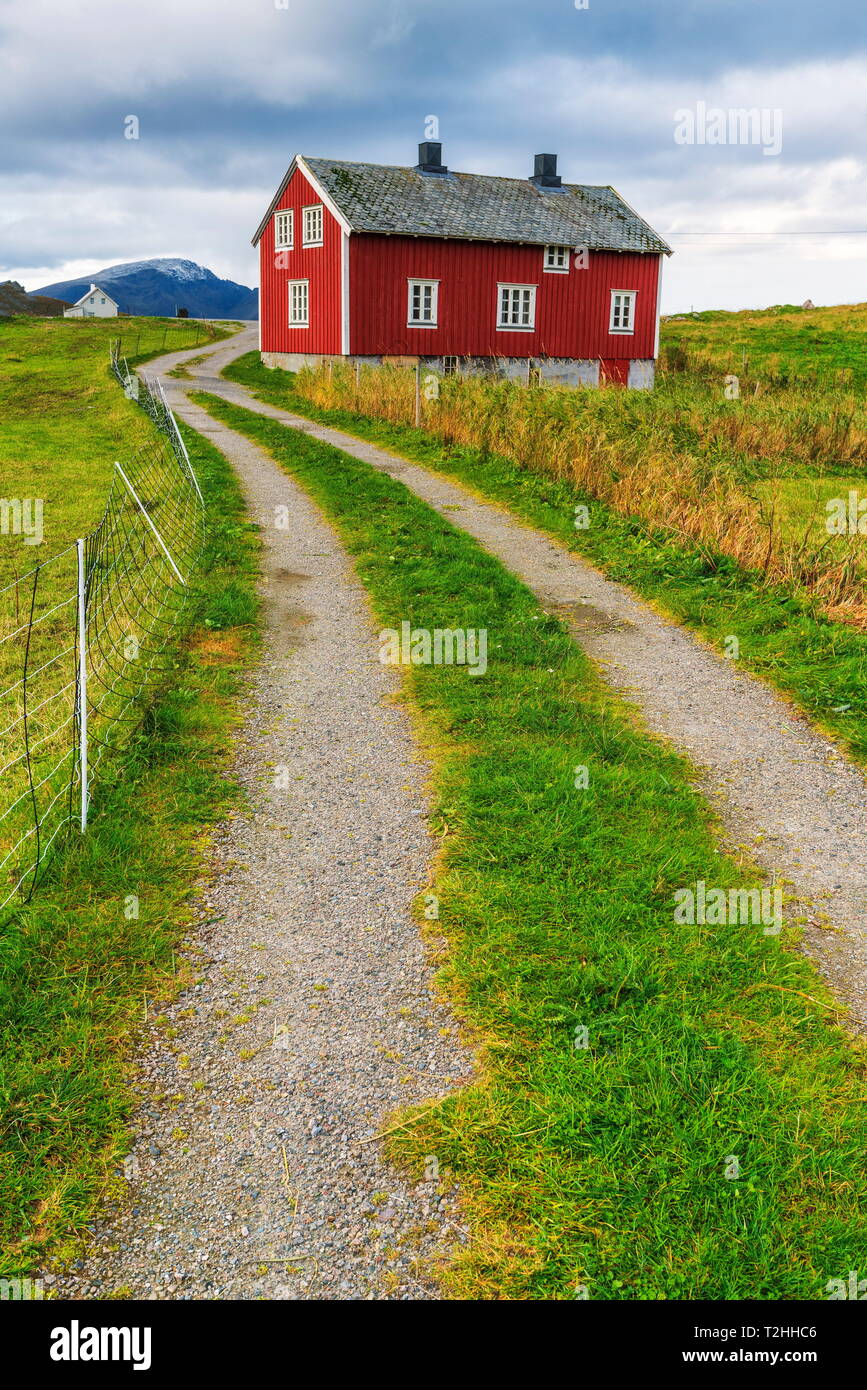 Casa de madera roja y Country Road en Flakstad, Islas Lofoten, Noruega, Europa Foto de stock