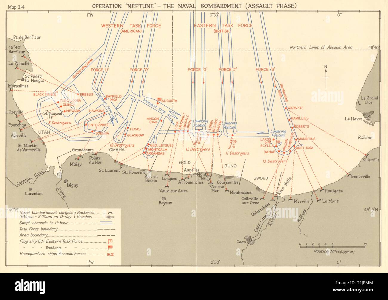La operación del Día-D 6 de junio de 1944 Neptuno bombardeo naval Normandía mapa 1961 Foto de stock