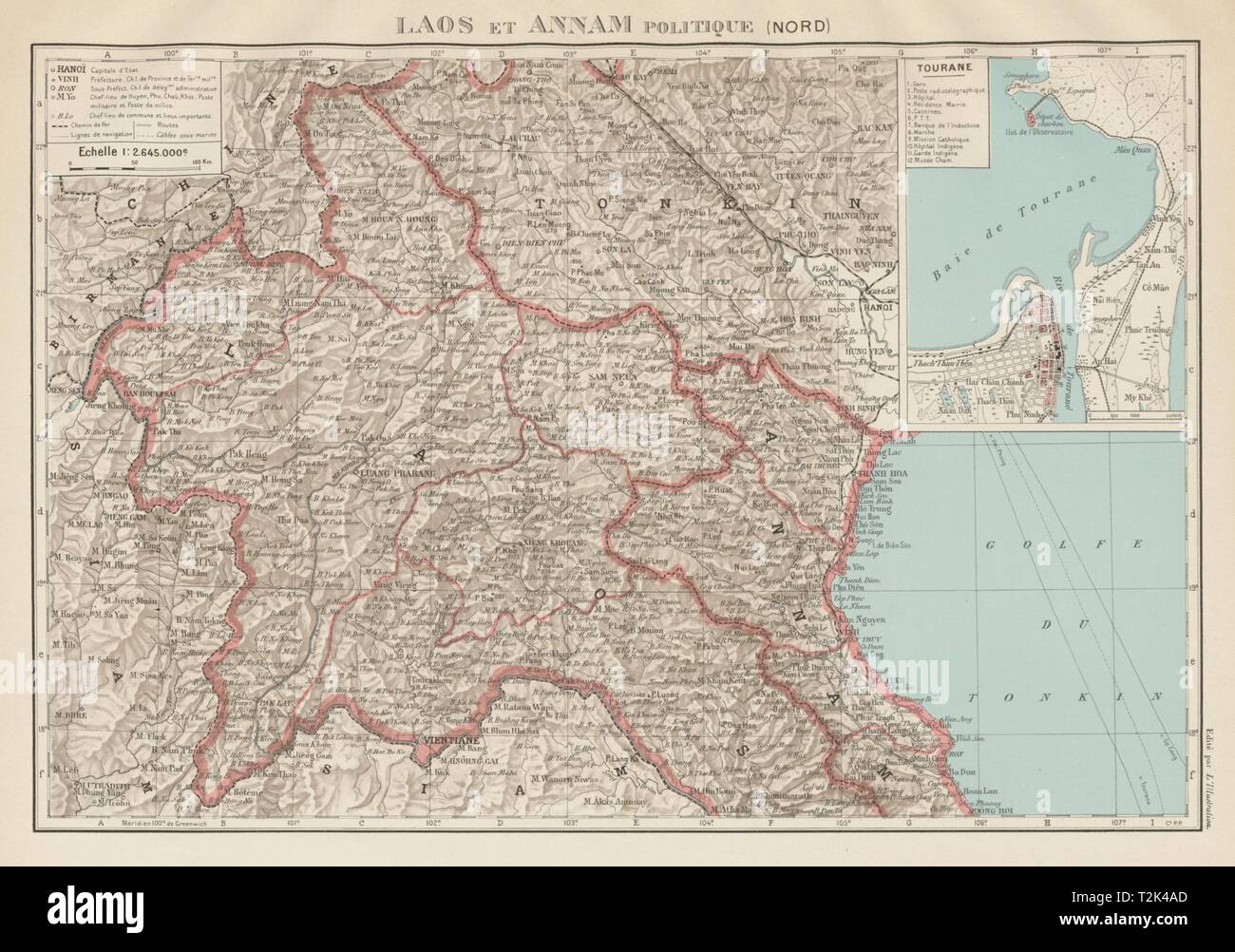 La Indochina francesa. N Laos & Annam. Vietnam. Tourane (Da Nang) plan 1929 Mapa de la ciudad Foto de stock