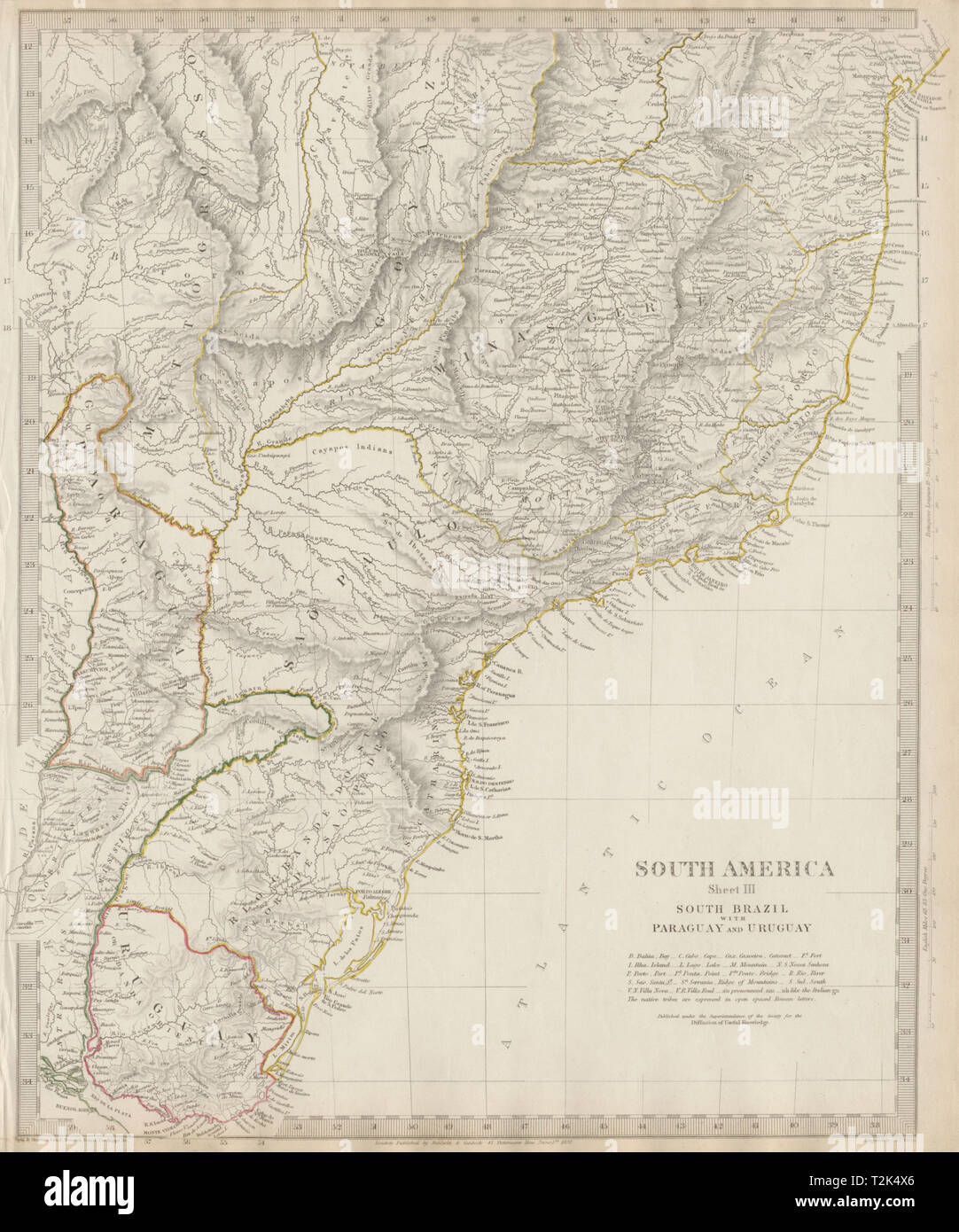 El sur de Brasil, Paraguay y Uruguay. Minas Gerais Sao Paolo Bahia. 1844 SDUK mapa Foto de stock