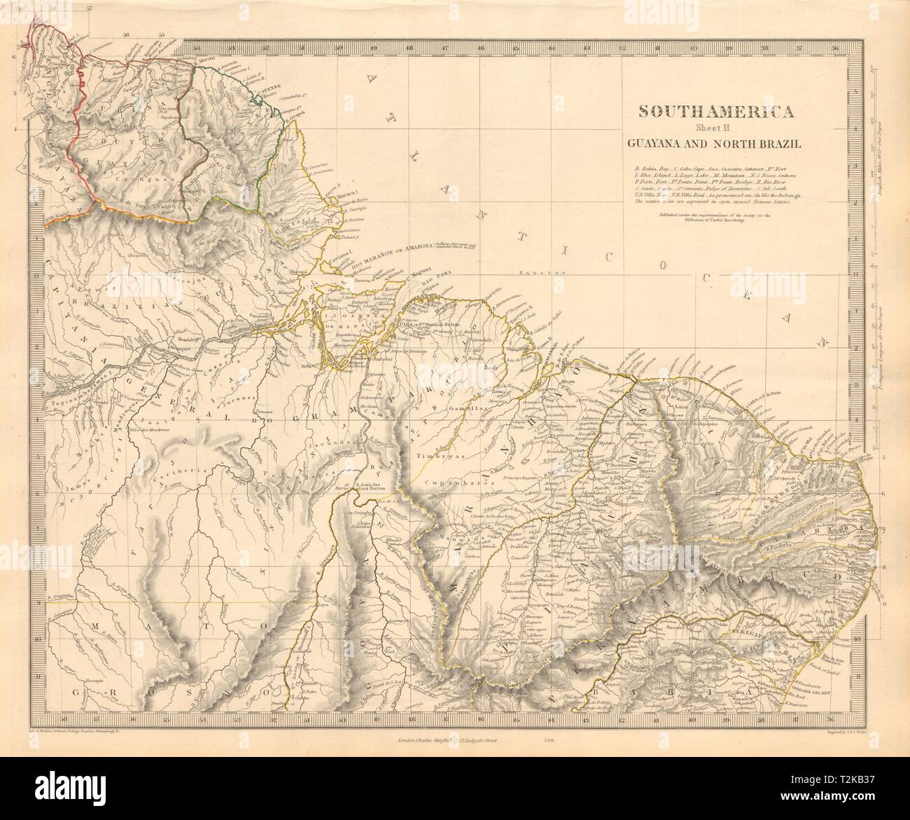 La amazonia. Mostrando las tribus indias. Guyana Surinam Brasil. Recife. SDUK 1846 mapa Foto de stock