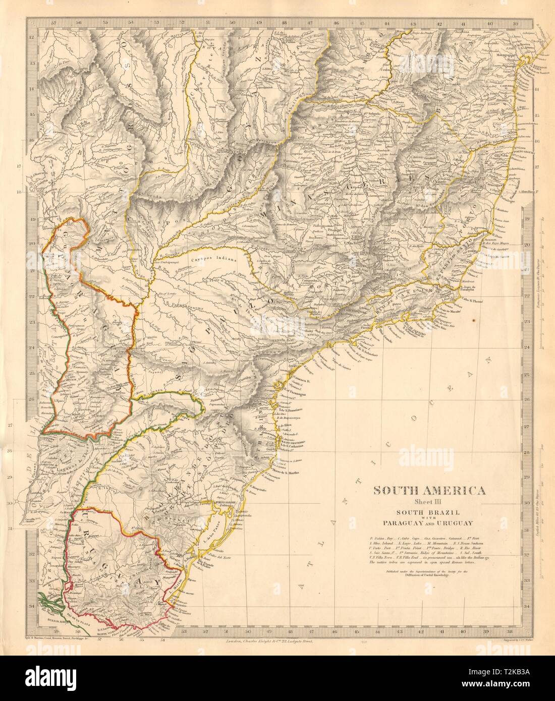 El sur de Brasil, Paraguay, Uruguay. Bahia Minas Gerais Sao Paolo. 1846 SDUK viejo mapa Foto de stock