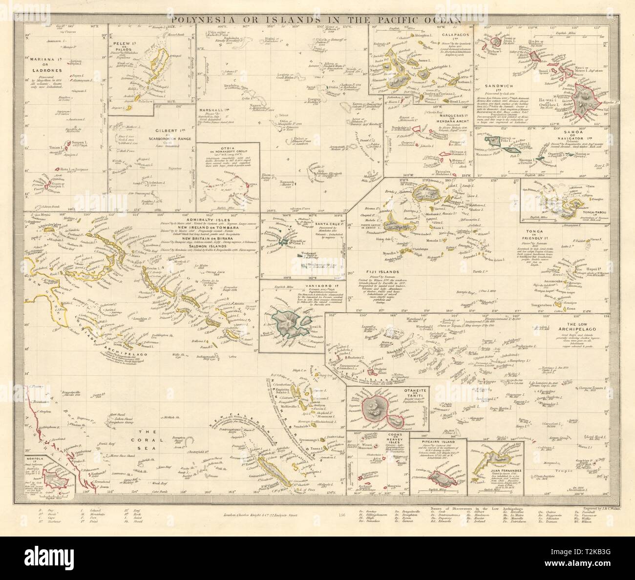 Islas del Pacífico. Hawaii polinesia Samoa, Fiji, Tonga, Tahití Cook. SDUK 1846 mapa Foto de stock