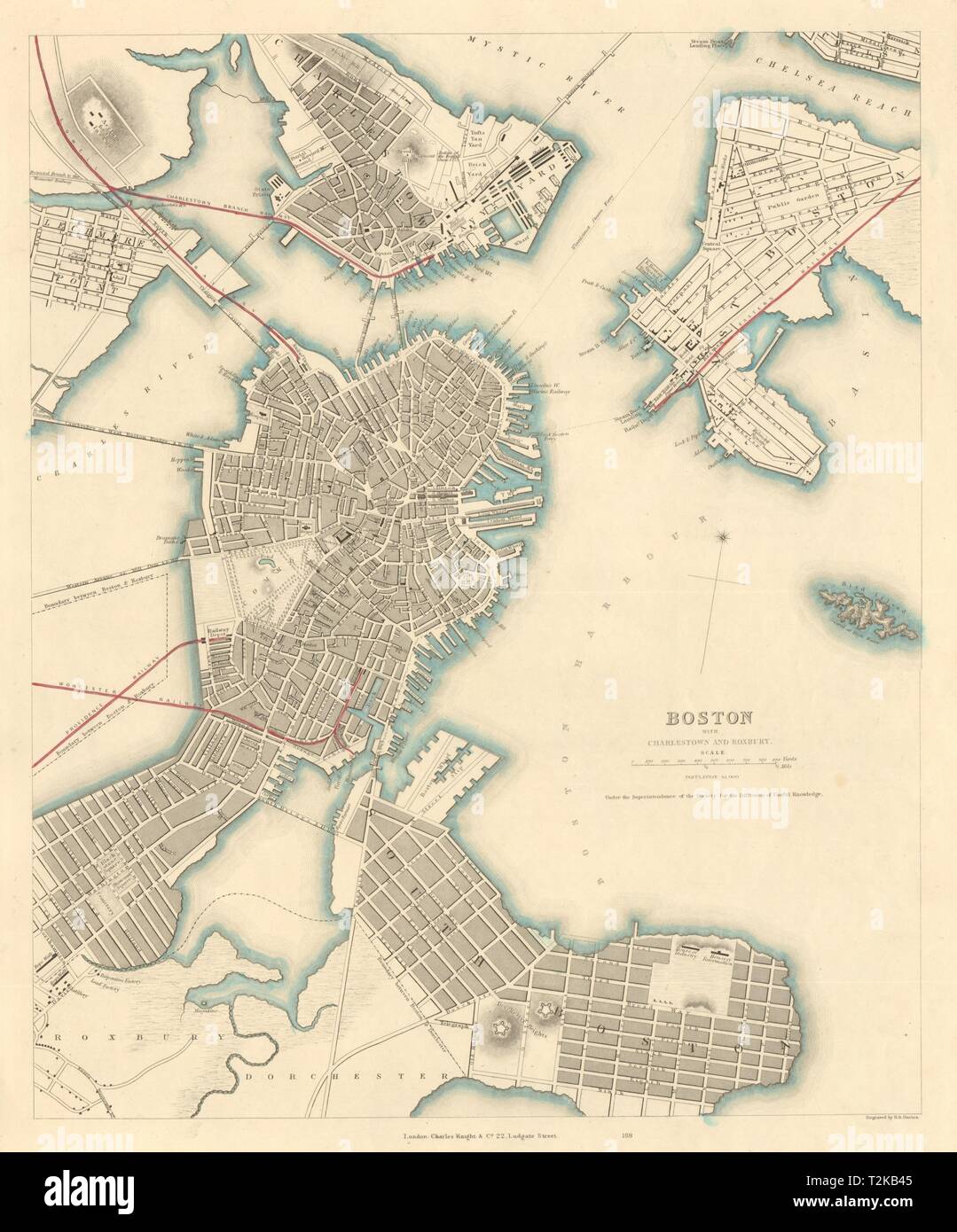BOSTON CON CHARLESTOWN Y ROXBURY. Mapa de la ciudad de antiguo plan. SDUK 1847 Foto de stock