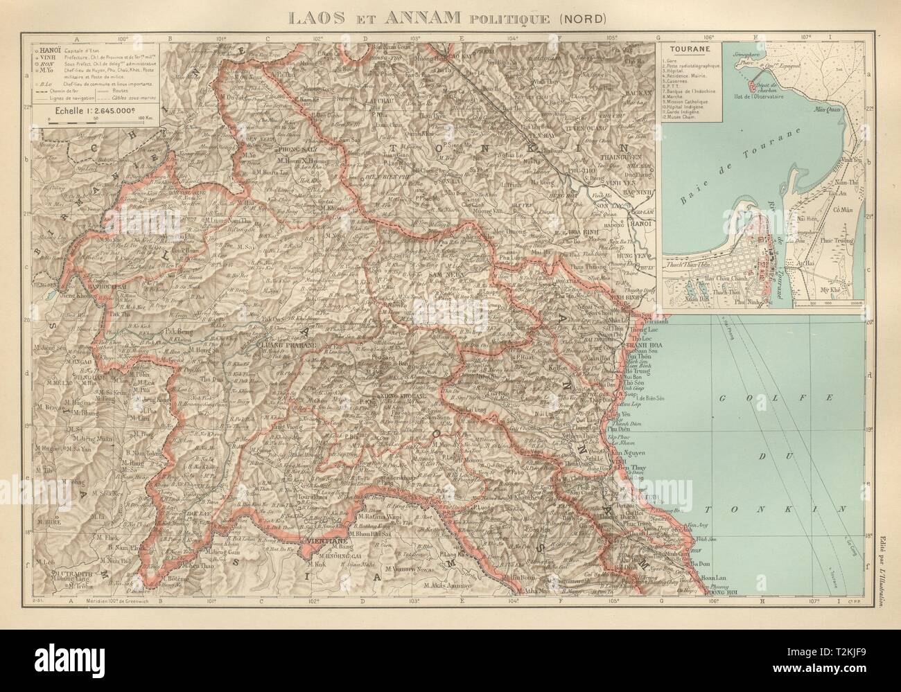 La Indochina francesa. N Laos & Annam. Vietnam. Tourane (Da Nang) plan 1931 Mapa de la ciudad Foto de stock