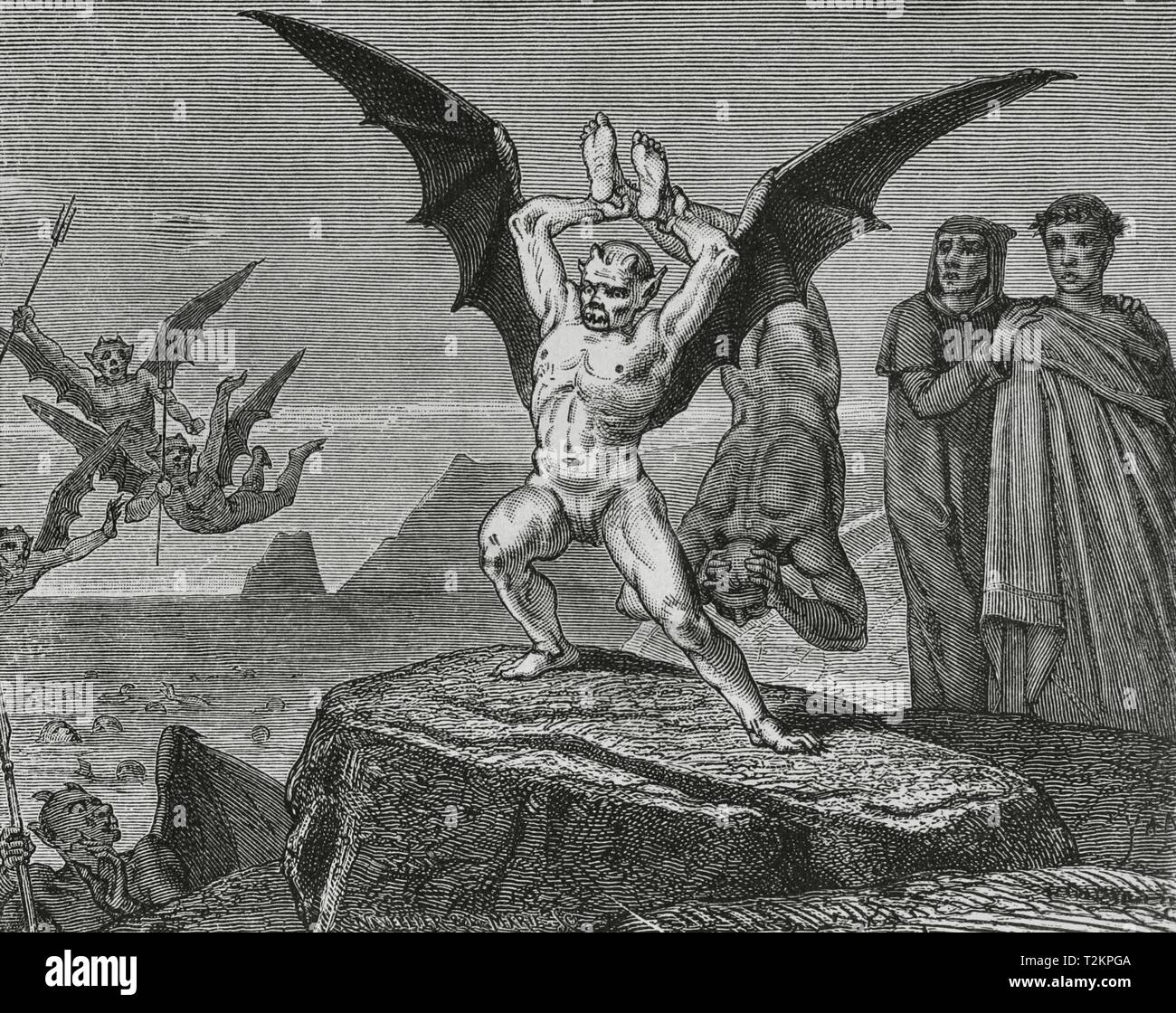 La Divina Comedia. Escrita por el poeta italiano Dante Alighieri (1265-1321). El Infierno. 'Sobre sus hombros altos y engulosos llevaba a cuestas un pecador... '. Versión castellana de Don Enrique de Montalbán. Grabado realizado por el ilustrador francés Yann Dargent (1824-1899). París, 1888. Biblioteca Histórico Militar de Barcelona. Cataluña, España. Foto de stock