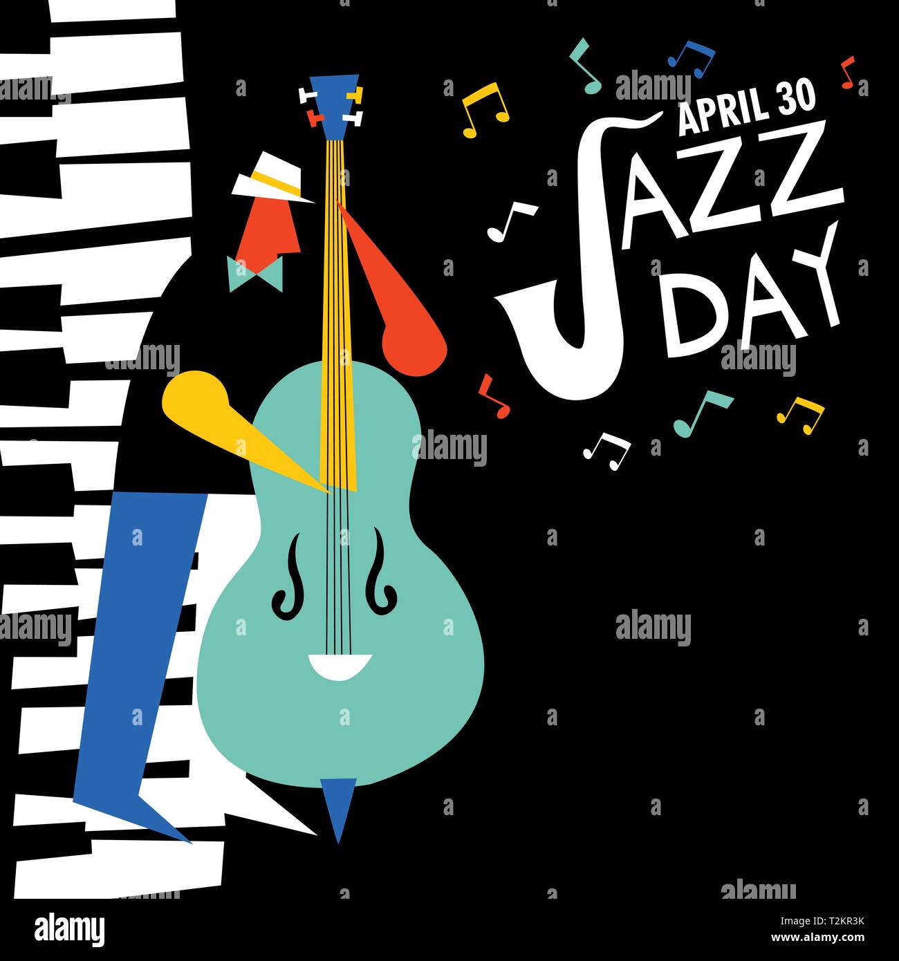 Día de la música jazz de ilustración para la celebración de eventos. Hombre tocando el contrabajo con tecla de piano de fondo. Ilustración del Vector