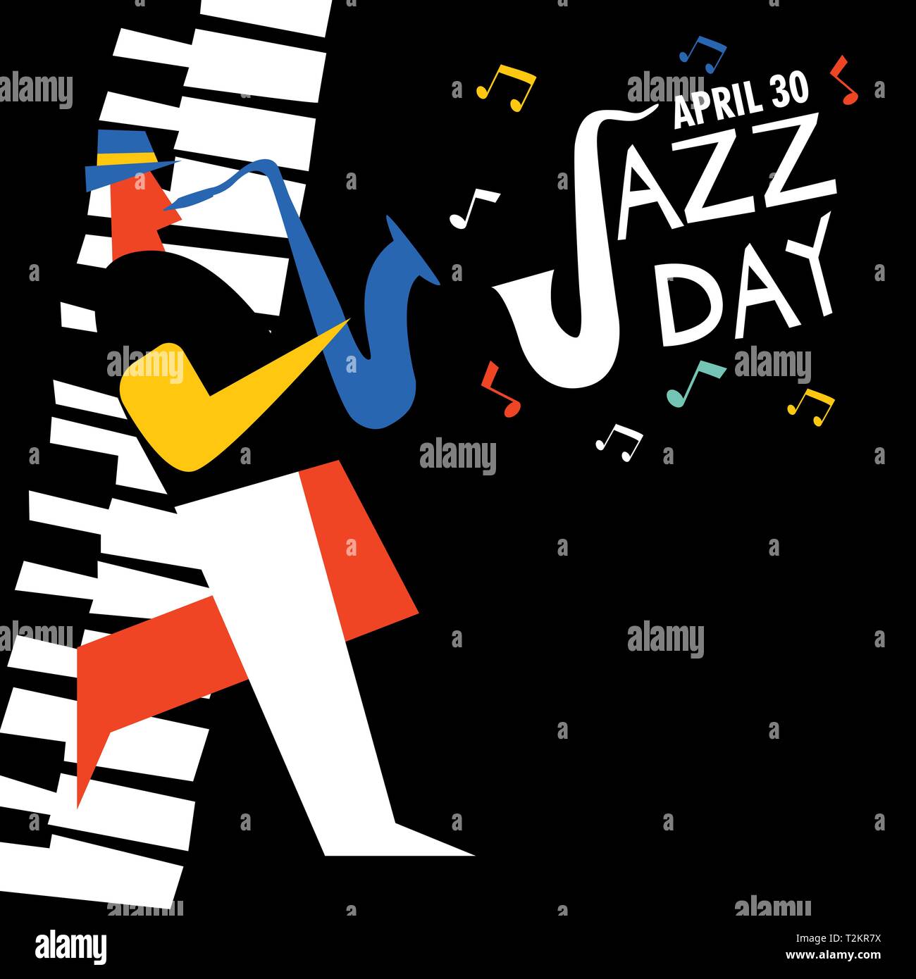 Día de la música jazz de ilustración para la celebración de eventos. Hombre tocando el saxofón con tecla de piano de fondo. Ilustración del Vector