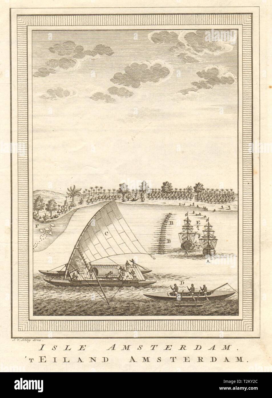 'Isla Amsterdam". Abel Tasman en Tongatapu, Tonga en 1643. Piraguas. SCHLEY 1758 Foto de stock