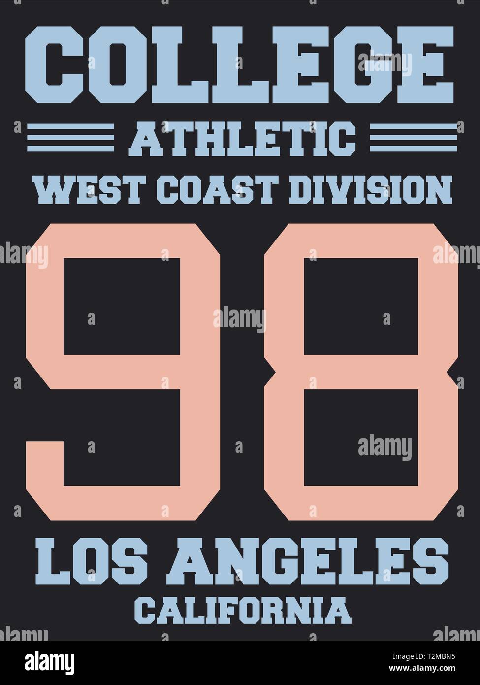El diseño de camiseta atlético - colegio moda deportiva la tipografía. West Coast - Los Angeles, California. Ilustración del Vector