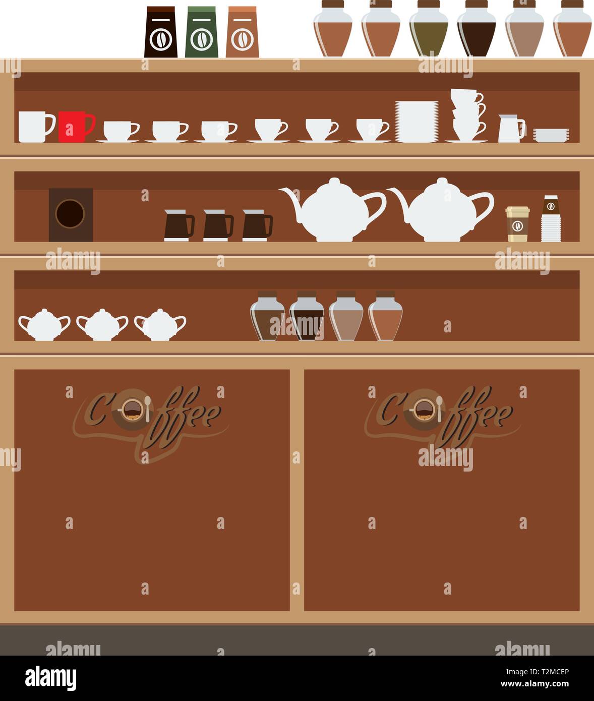 Armario en la cafetería o restaurante con taza y tetera. Ilustración vectorial de liso Imagen Vector de stock - Alamy