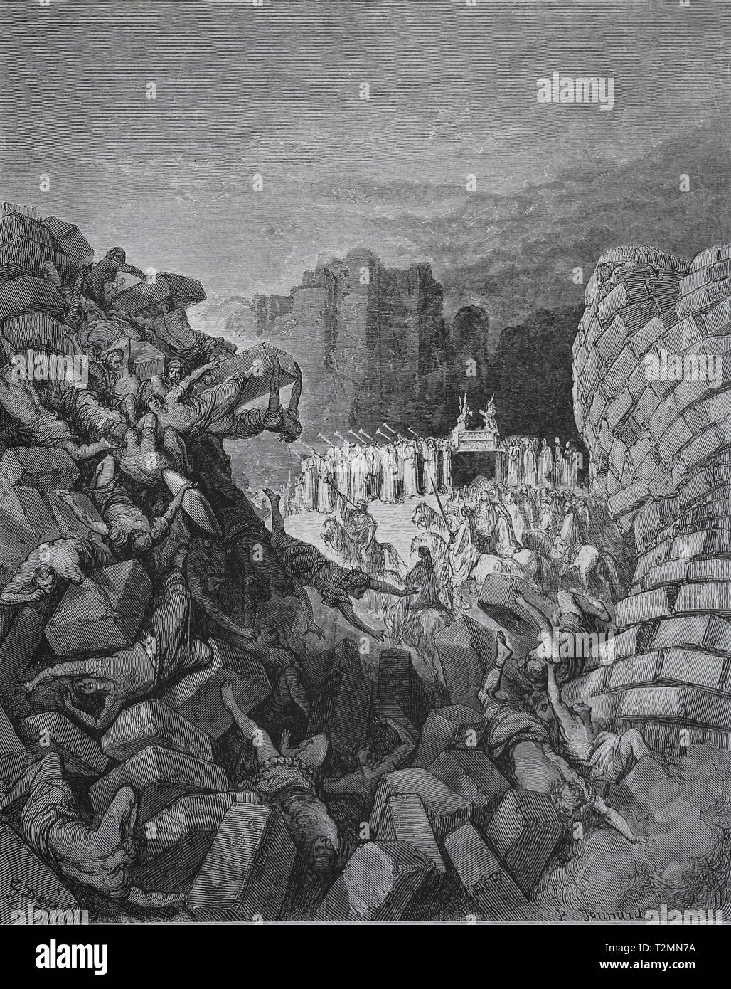 Israelitas destruyeron murallas de Jericó por caminar con el Arca del Pacto. Biblia. Grabado G. Dore, 1866 Foto de stock